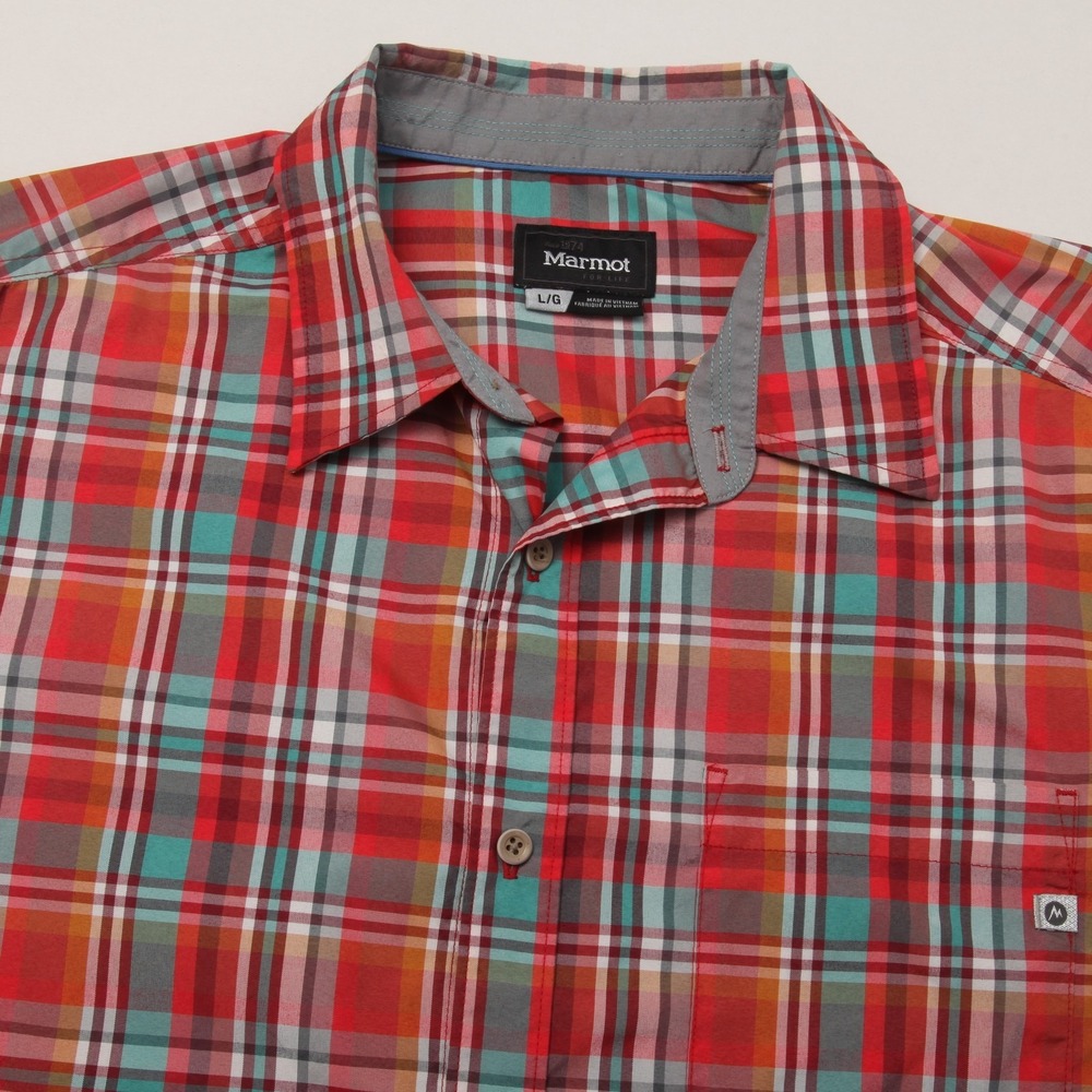 Marmot Men's Large L Short Sleeve Plaid Button-Down Casual Shirt Red Teal - Picture 1 of 12